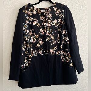 LOGO Blazer Jacket Lined Floral Print Quilted Business Casual Black Coat Long